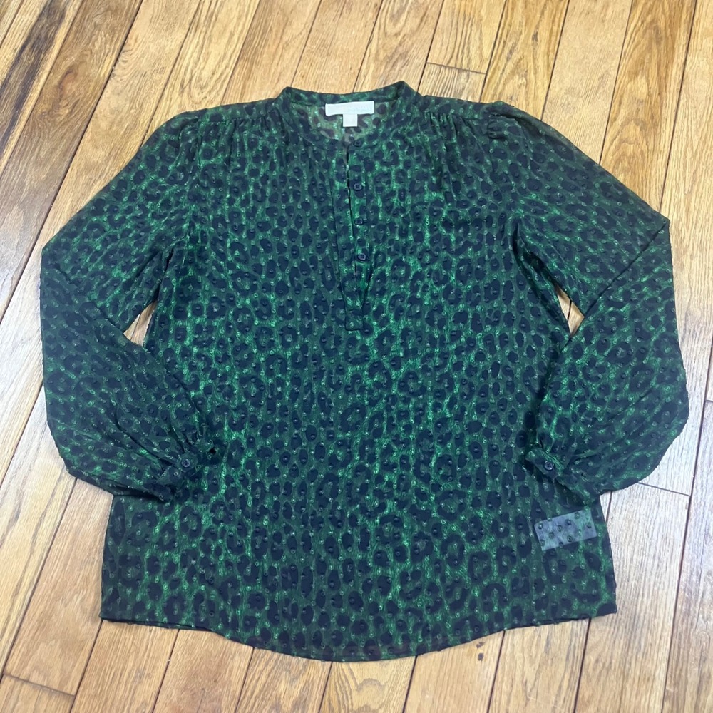 Michael Kors Green Leopard‎ Print Clip Dot Blouse Womens Medium M
